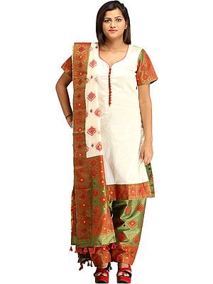 Ivory and Green Salwar Kameez Suit from Assam with Woven Floral Motifs