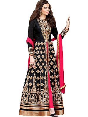Black and Pink Designer Floor Length Salwar Suit with Golden-Embroidery and Crystals