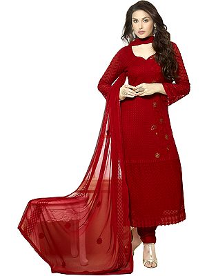 Rococco-Red Aari Embroidered Long Choodidaar Kameez Suit with Sequins and Crochet Border