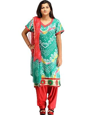 Green and Red Bandhani Tie-Dye Salwar Kameez Suit from Gujarat with Embroidered Flowers Patch Border