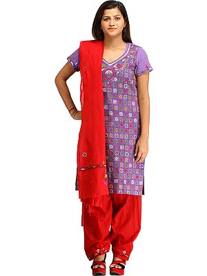 Purple and Red Salwar Kameez Suit from Kolkata with Kantha Hand-Embroidery