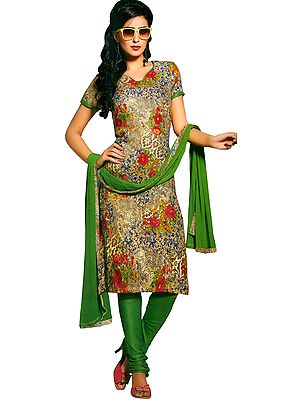 Vibrant-Green Floral Printed Choodidaar Kameez Suit with Chiffon Dupatta