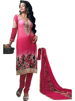 Pink Chudidar Kameez Suit with Embroidered-Patches and Floral Print on Border