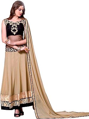Black and Biscotti Designer Anarkali Suit with Thread-Embroidered Floral Patches