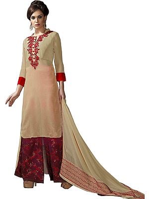 Beige and Red Designer Long Palazzo Salwar Suit with Embroidered Patch on Neck and Sequins on Salwar
