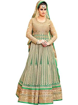 Malachite-Green and Golden Designer Floor-Length Heavy Anarkali Suit with Dense Zari-Embroidery and Sequins