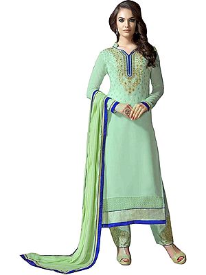 Brook-Green Designer Long Parallel Salwar Suit with Zari-Embroidered Paisleys on Neck and Patch on Salwar