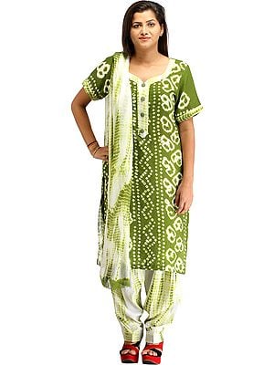 Cedar-Green Bandhani Tie-Dye Salwar Kameez Suit from Gujarat