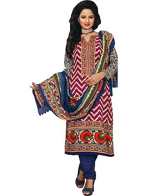 Sangria and Blue Long Choodidaar Kameez Suit with Zigzag Printed Motifs and Wide Border
