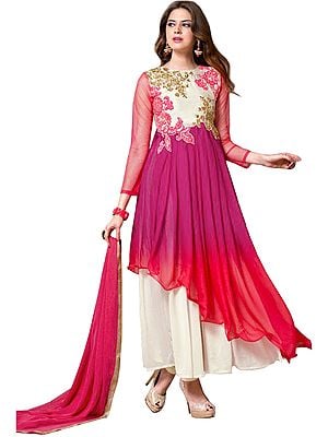 Pink and Ivory Designer Double-Layered Anarkali Suit with Floral-Embroidery and Crystals