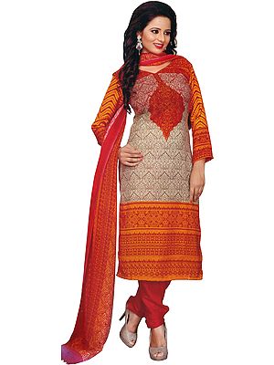 Orange and Red Long Choodidaar Kameez Suit with Printed Floral Motifs
