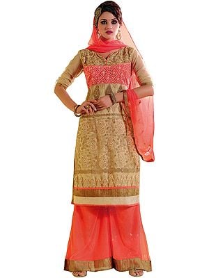 Beige and Peach-Amber Palazzo Salwar Suit with Zari-Embroidery and Crystals