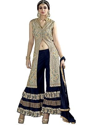 Glacier-Gray and Dark-Blue Designer Sharara Salwar Suit with Floral Beads-Embroidery and Patches