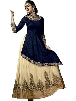 Dark-Blue and Cream Wedding Lehenga Suit with Beaded Floral Patches and Wide Golden Border