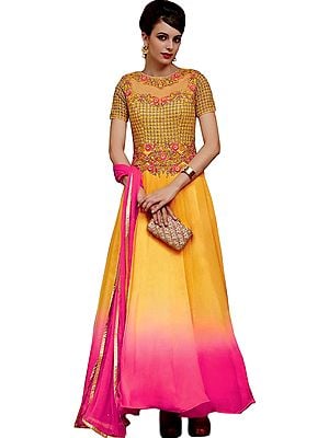 Yellow and Pink Double-Shaded Designer Anarkali Suit with Floral-Embroidery and Crystals