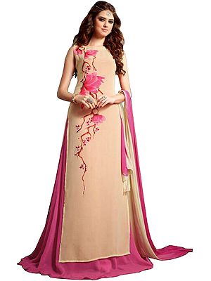 Cream and Pink Party Wear Long Kameez Suit with Floral-Print and Chiffon Dupatta