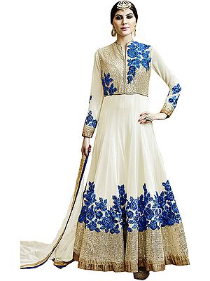 Ivory and Blue Anarkali Suit with Embroidered-Roses and Golden Sequins
