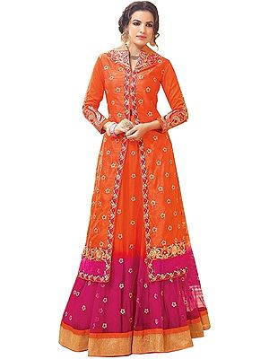 Orange and Pink Wedding Lehenga Suit with Zari Floral-Embroidery and Crystals