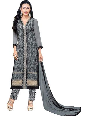 Gray and Black Karishma Long Parallel Salwar Suit with Aari-Embroidery and Patches