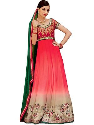 Pink and Cream Double-Shaded Wedding Anarkali Suit with Floral-Embroidery and Crystals
