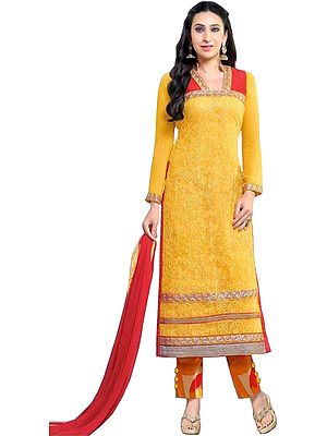 Yellow and Red Karishma Long Parallel Salwar Suit with Aari-Embroidery in Self