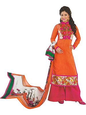 Orange and Pink Long Palazzo Salwar Suit with Embroidered Roses and Digital-Printed Dupatta