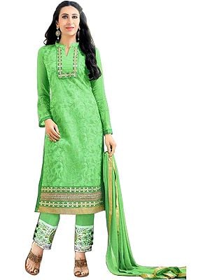 Absinthe-Green Karishma Trouser Salwar Kameez Suit with Aari-Embroidery All-Over