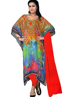 Multicolored Digital-Printed Choodidaar Kaftan Suit with Stone-work on Neck
