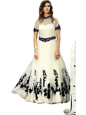 White and Black Designer Gown with Floral-Embroidery and Beads