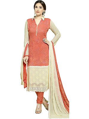 Coral and Cream Choodidaar Kameez Suit with Aari-Embroidery and Sequins