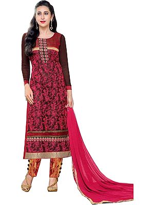 Chocolate-Brown and Pink Karishma Parallel Salwar Suit with Aari-Embroidered Flowers
