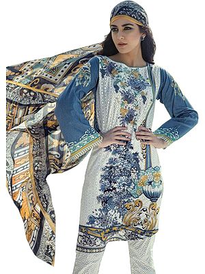 White and Gray Floral Printed Parallel Salwar Suit
