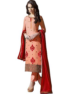 Peach-Pearl and Red Long Parallel Salwar Suit with Embroidery and Sequins