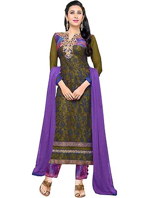 Olive and Purple Karishma Parallel Salwar Suit with Aari-Embroidery and Golden Patch on Neck