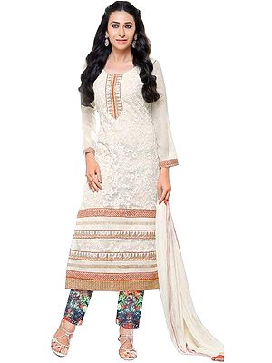 Egret-White Karishma Parallel Salwar Suit with Aari-Embroidery in Self and Digital Print on Salwar