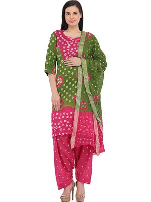 Pink and Green Bandhani Tie-Dye Salwar Kameez Suit from Gujarat