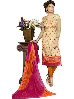 Biscotti and Orange Long Choodidaar Kameez Suit with Embroidered Bootis and Crochet Border