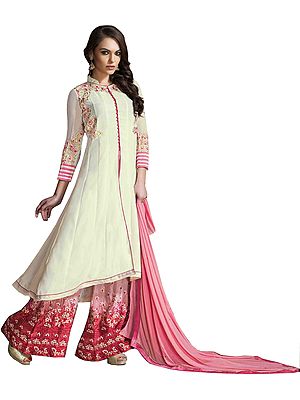 Ivory and Pink Designer Sharara Salwar Suit with Floral-Embroidery and Crystals