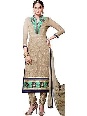 Oyster-Gray Long Choodidaar Kameez Suit with Embroidery All-Over
