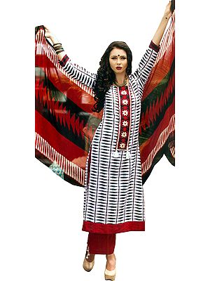 White and Red Ikat-Printed Parallel Salwar Suit with Embroidered Patch on Neck