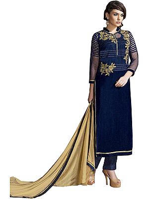 Eclipse-Blue Designer Long Parallel Suit with Embroidered-Beads and Sequins