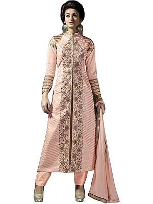 Heavenly-Pink Long Parallel Salwar Suit with Floral-Embroidery and Stripes