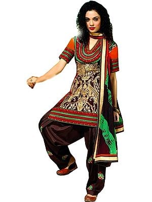 Chestnut-Brown Wedding Salwar Kameez Suit with Embroidery All-Over and Batik Print on Dupatta