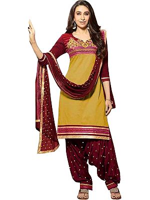 Lima-Bean and Maroon Embroidered Patiala Salwar Kameez Suit