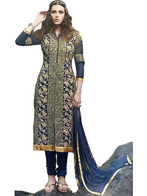 Patriot-Blue Long Choodidaar Kameez Suit with Embroidery All-Over and Crystals