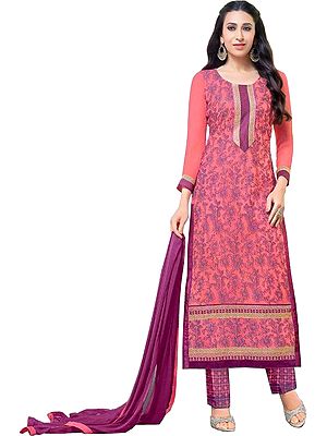 Shell-Pink Karishma Parallel Salwar Suit with Aari-Embroidery All-Over and Print on Salwar