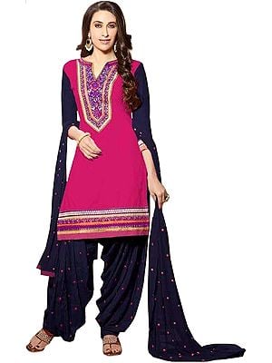 Pink and Blue Patiala Salwar Kameez Suit with Embroidered Patches and Bootis on Salwar
