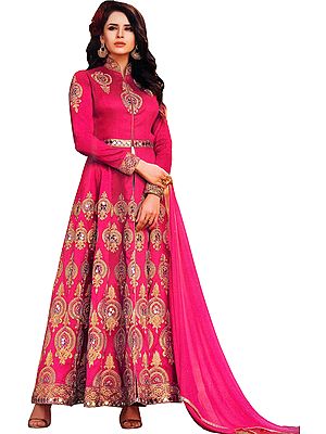 Virtual-Pink Designer Bridal Suit with Golden-Embroidery and Mirrors
