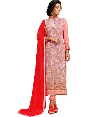 Impatiens-Pink Long Choodidaar Kameez Suit with Floral-Print and Embroidery in Zari Thread