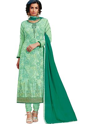 Misty-Jade Long Chudidar Kameez Suit with Printed Flowers and Embroidery